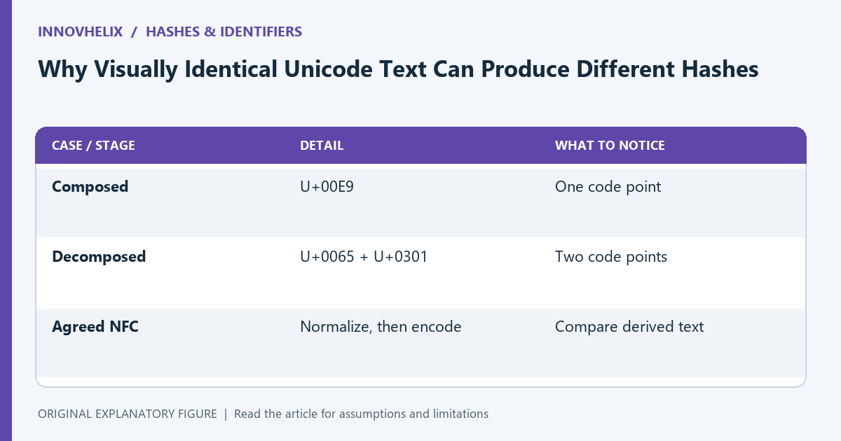 Visual equality does not imply byte equality; normalization must be an explicit part of the input contract.